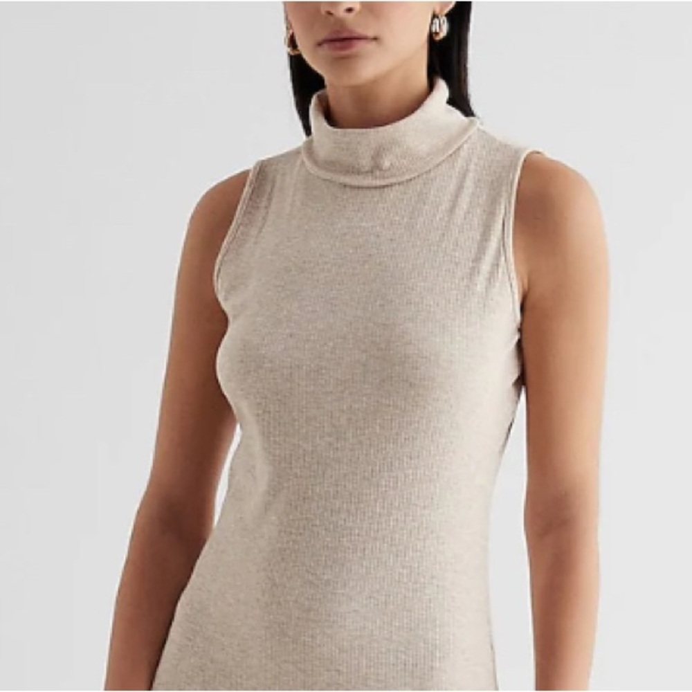 Express Ribbed Mock Neck Midi Dress Oatmeal Heather M - Picture 3 of 7